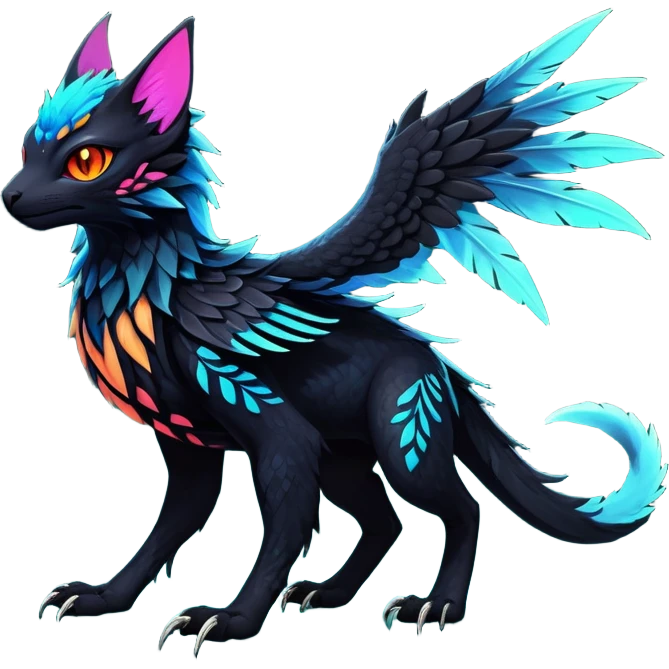 Black Dark Exotic Tropical Beaked Feathery Nocturnal Neon-glowing Abyssal Nightly Abyss-Cat-Gryphon-Salandit-Nargacuga-Silvally-Fakémon Creature (full body) emoji