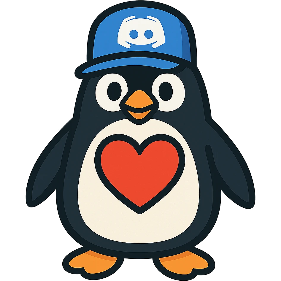 large penguin with a Discord hat and a large heart on chest emoji