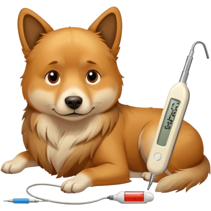 A sick dog lying down with a digital thermometer placed next to it, showing a fever.
The dog looks tired and weak, with a warm and cozy indoor atmosphere. emoji