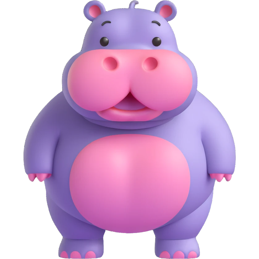 3D emoji style hippo, full body, standing, simple and cute, round features, expressive eyes emoji