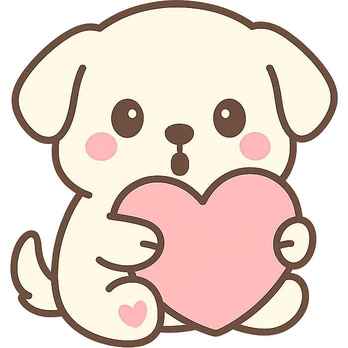 A cute white cream retriever hugging a pretty pink heart pillow with mouth rounded in a surprised expression, no background, cute style. emoji