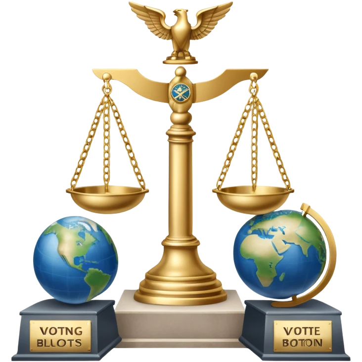 An icon featuring a podium with microphones, scales of justice, and a government building, symbolizing political science. The design includes a globe and voting ballot to represent global politics and civic participation. Transparent background highlights governance, policy, and political analysis. emoji