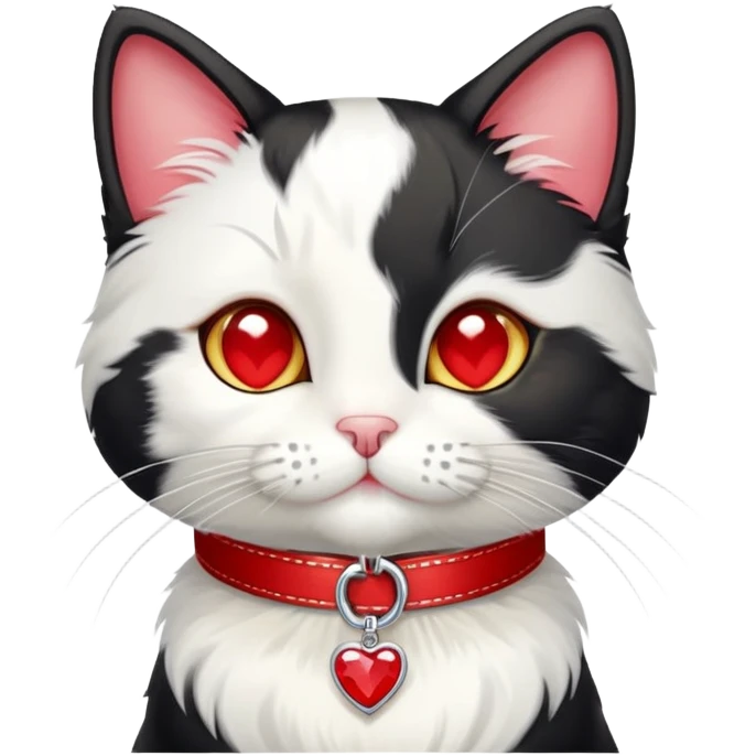 tuxedo cat with red leash and heart pendant, white fur only on mouth, small diamond spot above nose emoji