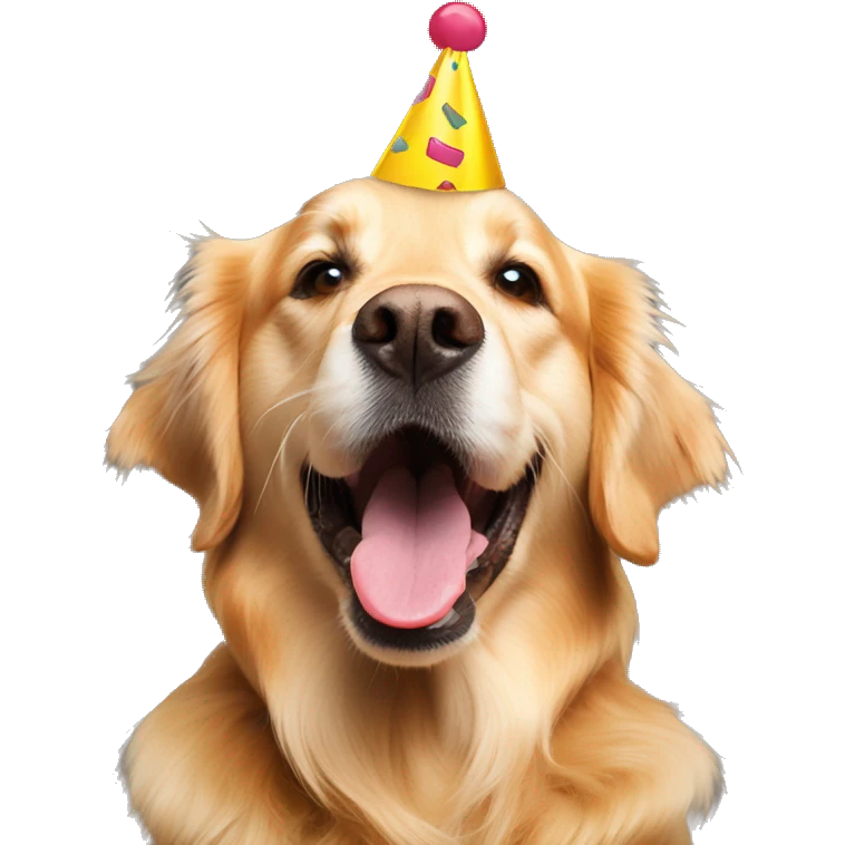 golden retriever with a birthday hat and tongue out emoji