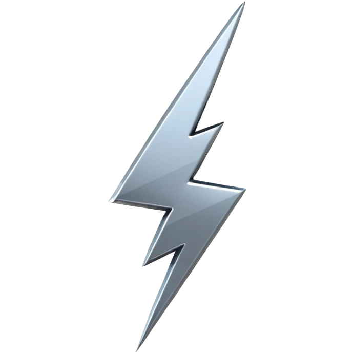 A lightning bolt emoji made of polished silver chrome, sharp yet rounded edges, glossy metallic surface, soft reflections, minimal futuristic design, iOS emoji style, centered, clean white background emoji