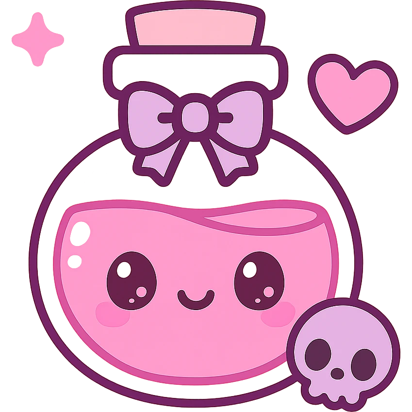 pink goth potion bottle, cute and dark elements, kawaii style emoji