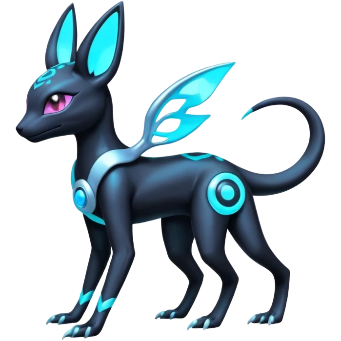 White and Cyan-glowing Futuristic  Salandit-Umbreon-Espeon-Sylveon-Fakémon-hybrid-creature (full body)  emoji