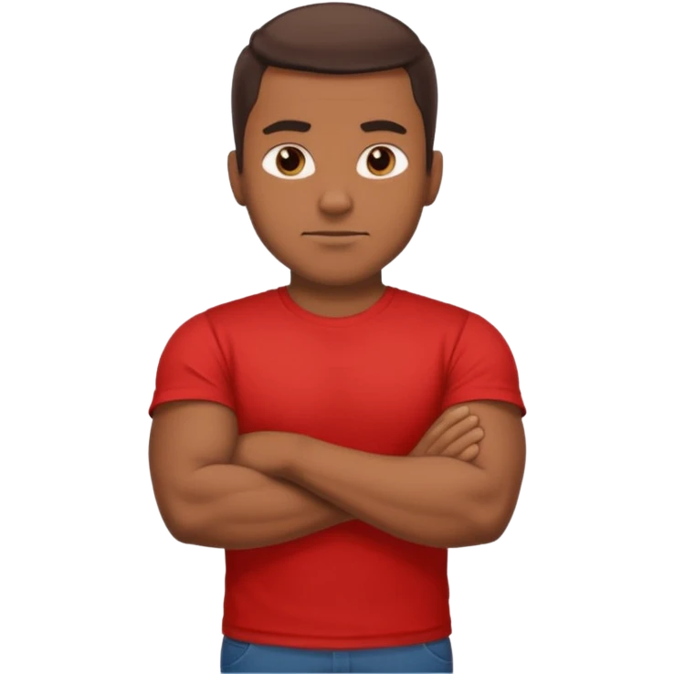 apple stylized emoji of a strong man, his arms crossed, white bg, he's in a red tee shirt emoji
