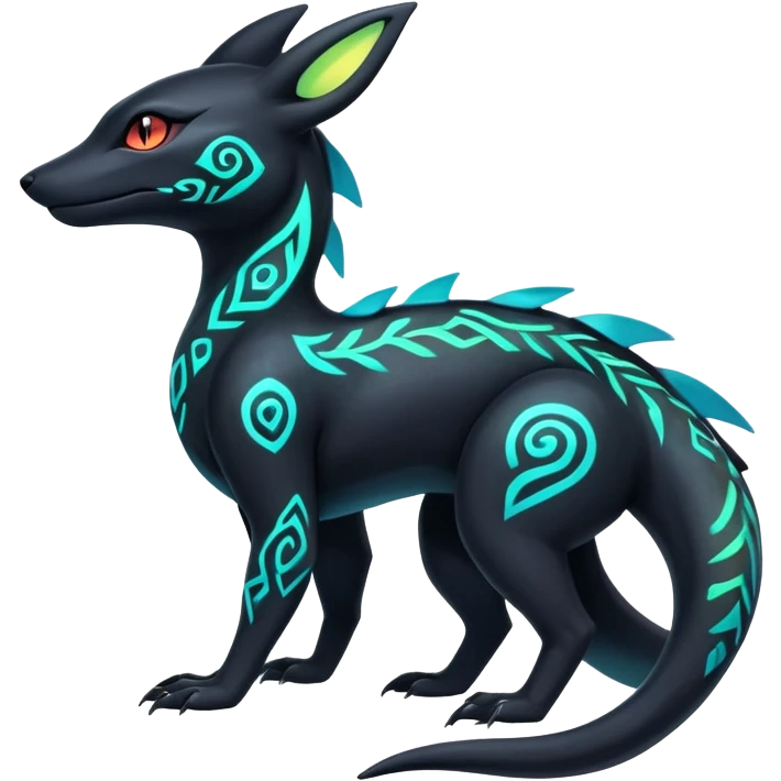 Colorful Neon Exotic Salandit-Aurorus-Umbreon-Fakémon-hybrid-creature (full body) with iridescent tribal markings emoji