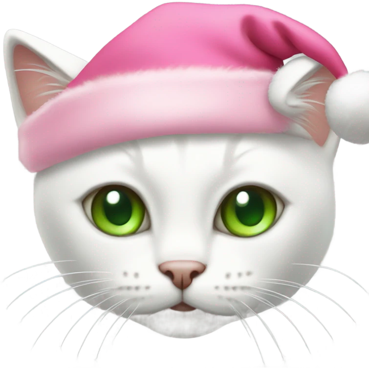white cat with green eyes wearing pink santa hat emoji