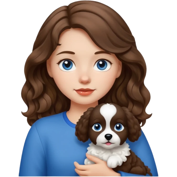 Baltic girl with fair skin, wavy brown hair, blue eyes, holding a fluffy black and white dog, apple emoji style emoji