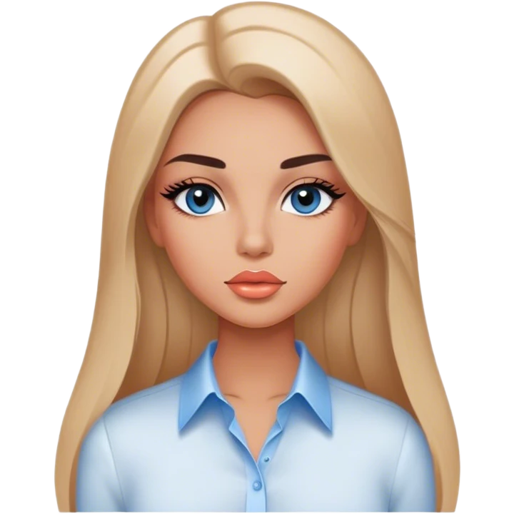 Glamours, tanned, very beautiful girl, with big pump peach-beige-rose lips, long long lashes, black straight smooth silky long hair, straight parting hair, blue-grey eyes, in white shirt, no additional things just white bckground emoji