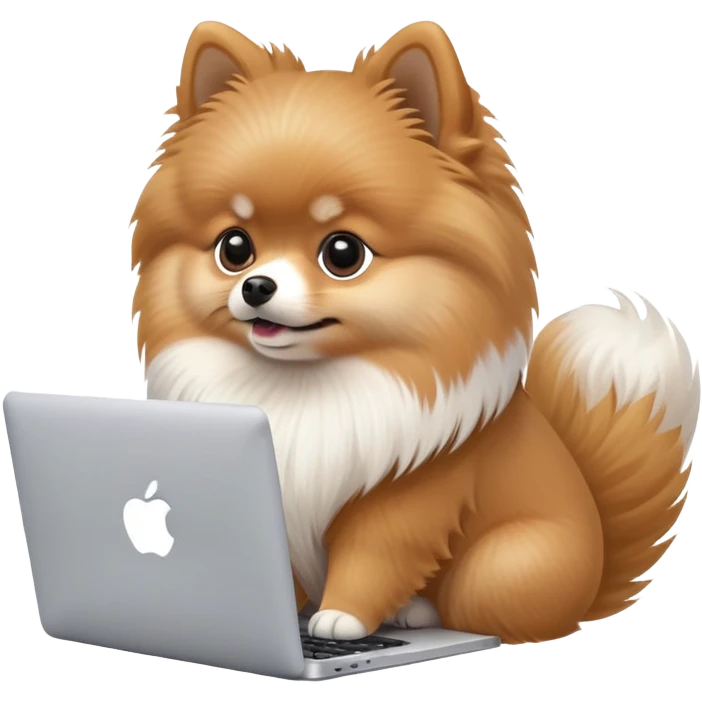 Cute Pomeranian dog working on a MacBook, viewed from a slight angle from the side, showing the entire top lid with the Apple logo emoji