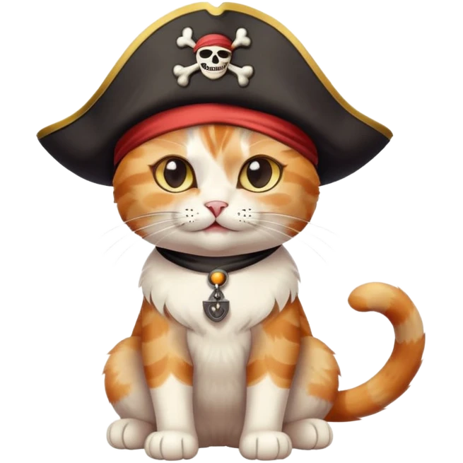 cat full body sitting, winking, wearing a pirate hat and eye patch emoji