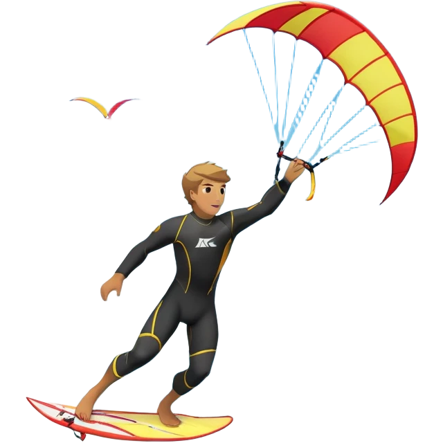 A kite surfer soaring above the waves, holding onto a kite with the wind in full force. The background showcases the ocean and sky, emphasizing the freedom, thrill, and energy of the sport. The motion of the kite and board is dynamic, capturing the excitement of kiting. emoji