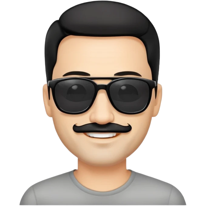 đàn ông 50 tuổi, da trắng, có râu ria đen. đeo kính đen, tóc đen ngắn, cười mỉm emoji