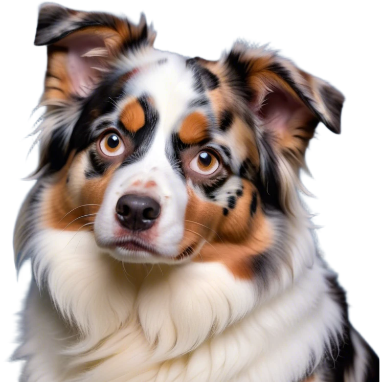 Cinematic Grumpy Calico Australian Shepherd Portrait Emoji, Head tilted slightly with a deeply unimpressed expression, thick predominantly white fur with distinct black, tan, and red merle calico patches, large, droopy blue eyes narrowed into an unamused glare, ears slightly drooping in exasperation, Simplified yet comically expressive features, highly detailed, glowing with a dry, sarcastic glow, high shine, effortlessly judgmental yet dignified, stylized with a touch of cynicism, bright but brooding, soft glowing outline, capturing the essence of an eternally unimpressed yet endearing pup, so lifelike it feels like it could sigh heavily at you in disdain at any moment! emoji