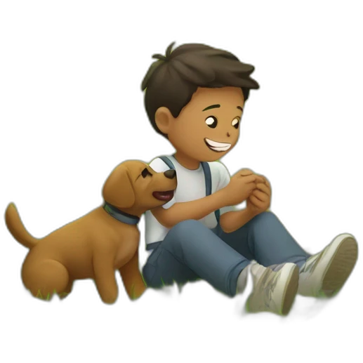 A boy plays with a puppy in the field emoji