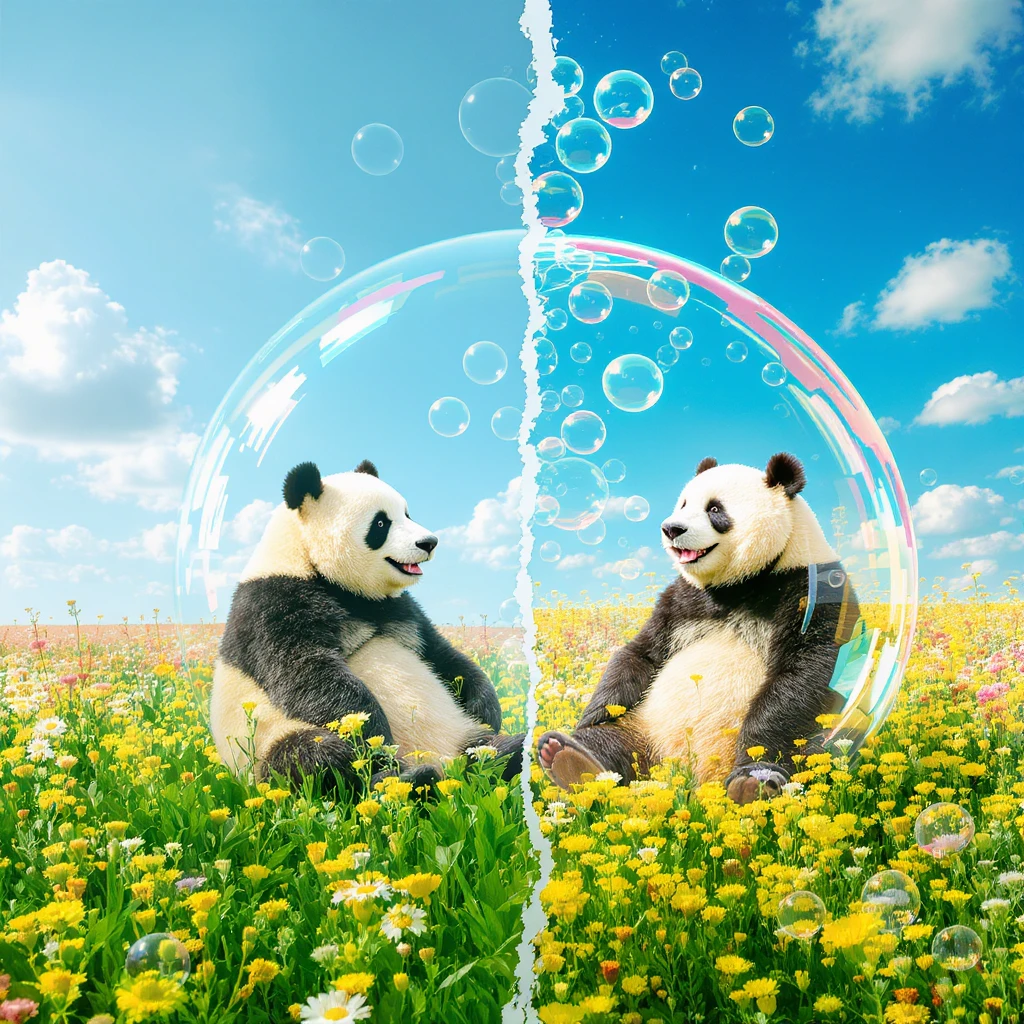 Cinematic still pandas bears sitting inside bubbles flying over field full of flowers, sunny summer day, happy vibe, minimalisic, composition splited to half(sky and flowers) emoji
