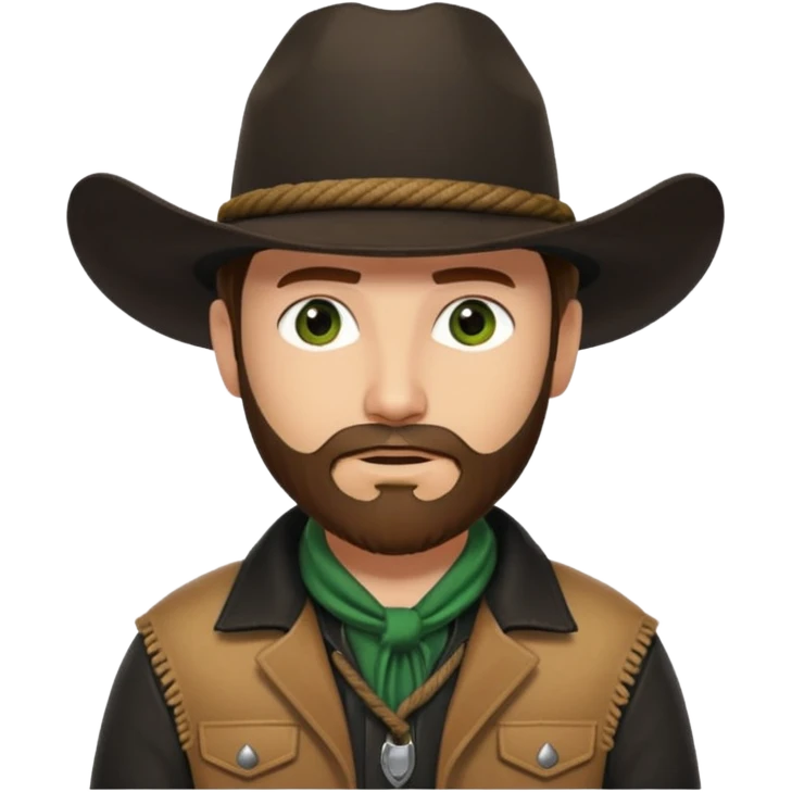 yellowstone ranch cowboy with brown beard & green eyes, black cowboy hat with plain black rope and no jewel, black shirt, and leather tan jacket emoji