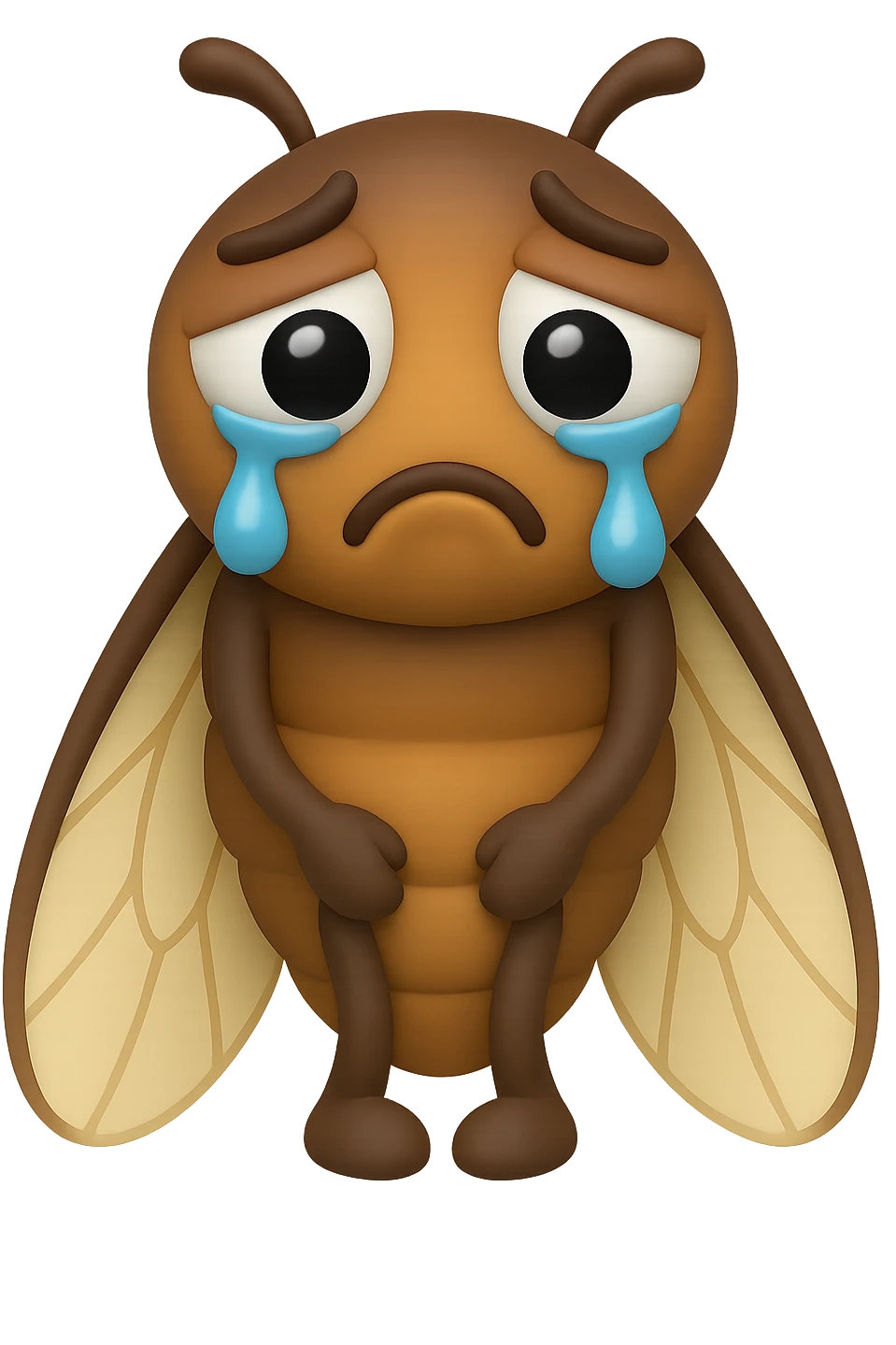 EMOJI STILE IPHONE 3D DI una cicala triste che si tocca le cosce e piange perché non le piace il suo fisico, posa frontale, fagli anche la parte bianca degli, non solo la pupilla emoji