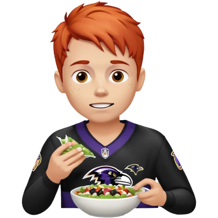 a red-haired boy wearing a ravens jersey and eating a chipotle burrito bowl emoji