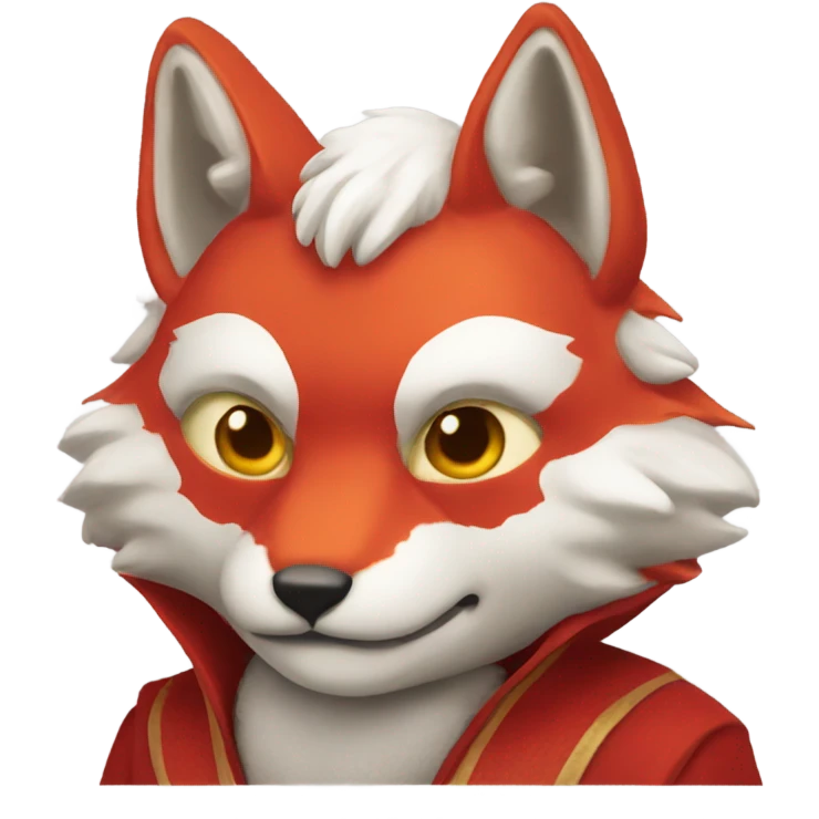 red kitsune mask, fluffy ears, slight smile emoji