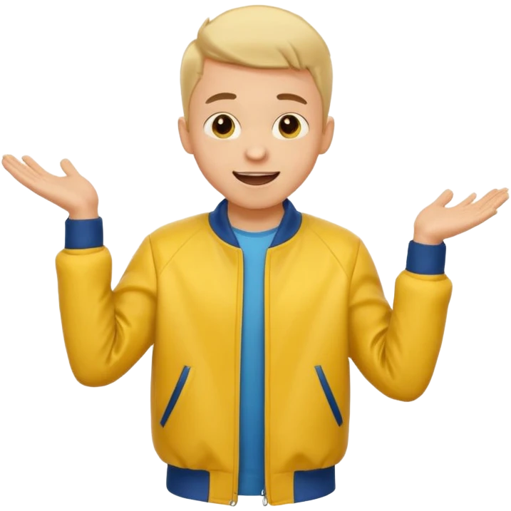 excited boy with good hair cut shrugging his shoulder, wearing yellow jacket and smile emoji