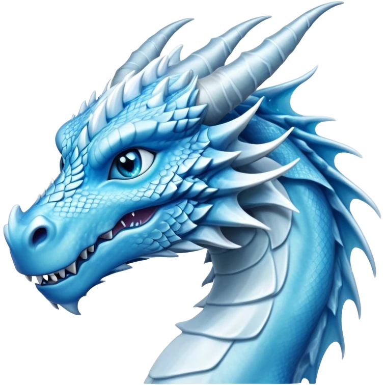 Cinematic Noble elegant Ice Dragon Portrait Emoji, Poised and imposing, distinct long elegant snout, with a slender, scaled body shimmering in glacial hues of icy blue, frostbitten silver, and crystalline white, breathing out frost, with piercing, glowing ice blue white eyes that radiate the chilling depths of an arctic storm; rendered in detail. emoji