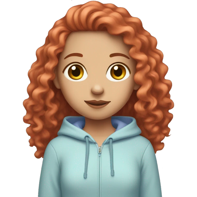 white girl with long red curly hair, wearing a pastel periwinkle hoodie doing a pose emoji