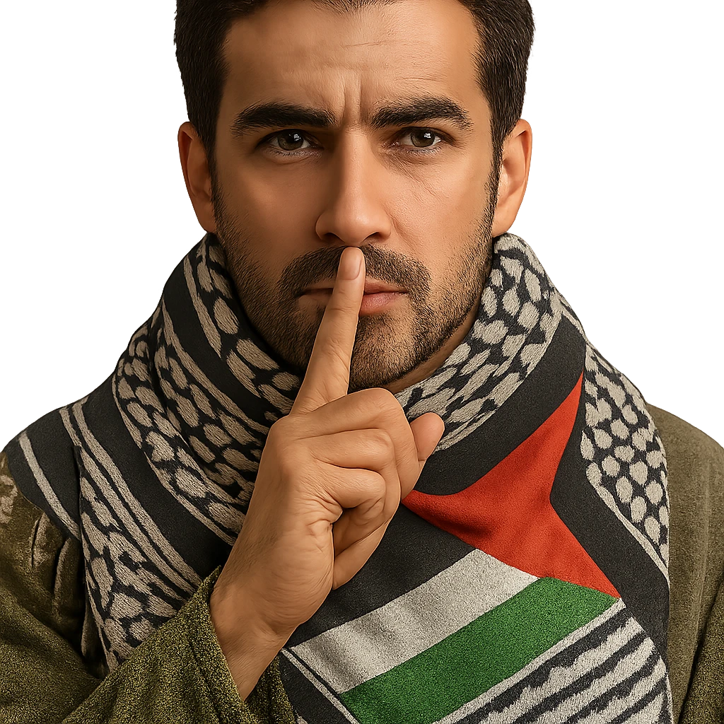Enhance the design by adding a more prominent Palestinian flag detail to the kufiya scarf and overall design, keeping the person making the 'shh' gesture as the focus. Remove the background to isolate the subject. The style should maintain the original look and feel of the image. emoji