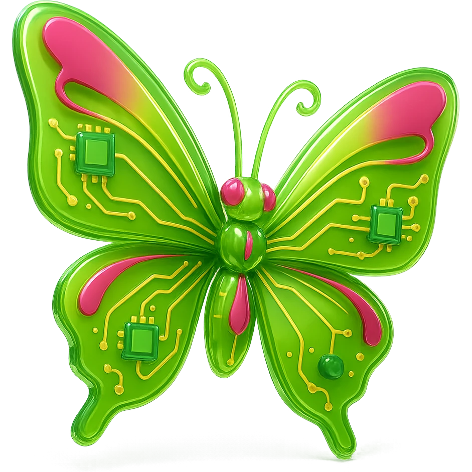 Create a one-to-one butterfly as in the example, with the main color #c0ff53 green and pink accents. The style should be glossy circuit, very bright and luxurious, with no background. emoji