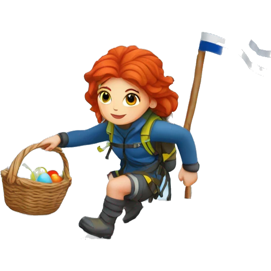 Female winter mountain climber red hair climbing with Greek and EU flags and Easter eggs basket emoji