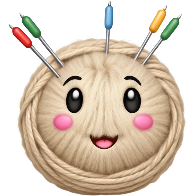 ball of beige mohair wool with knitting needles, needles have expressive emoji faces emoji