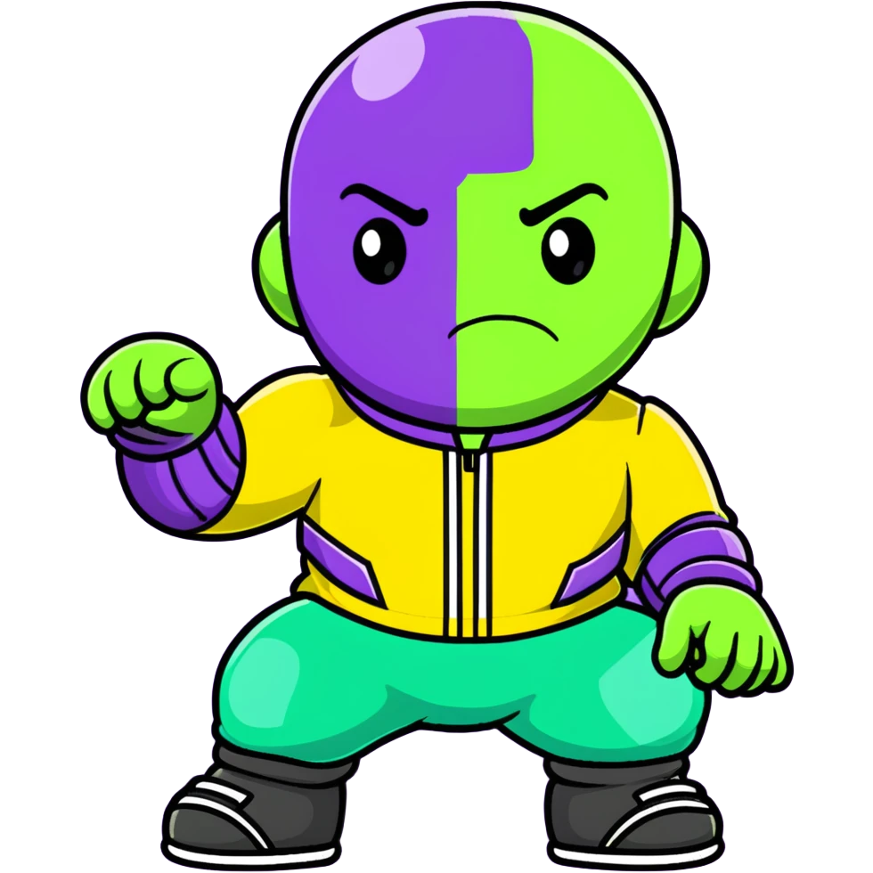 purple-skinned Thanos wearing a green Squid Game player tracksuit with number 230 emoji