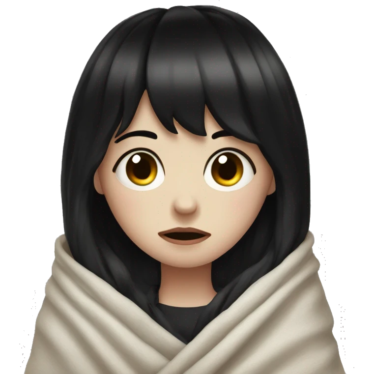 Portrait Girl pale skin with black hair and bangs a blanket around her crying emoji
