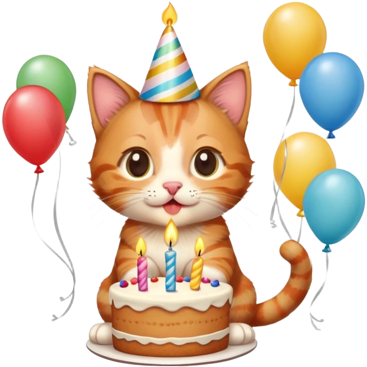Ginger tabby kitten celebrates birthday, birthday hat, birthday cake, one candle, balloons, happy, gifts emoji