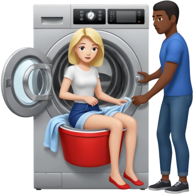 Eine Frau steckt bis zum Bauch in einer Waschmaschine fest und nur die Beine gucken raus und zwei schwarze männer ziehen an ihren Beinen um sie raus zu holen  emoji