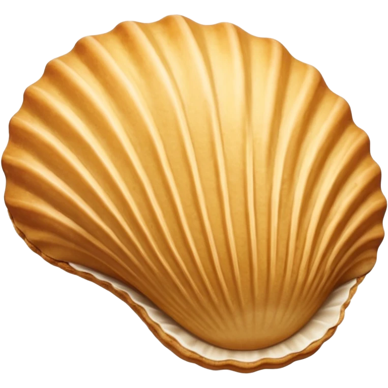 A madeleine pastry. Oval seashell shape with ONLY four to five vertical lines going in the same direction. Light golden brown. Scalloped edge. Cookie. Flat. Long. Oval shape. Lets scallops. Only four or five scalloped lines emoji