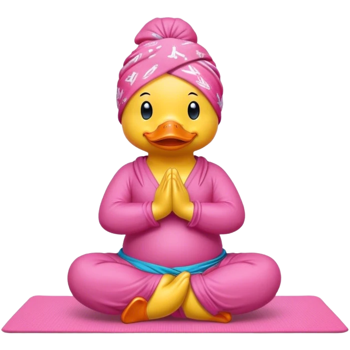 side view of yellow rubber duck with a pink bandana doing yoga while praying emoji