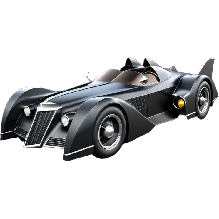  aerodynamic opulent dark futuristic concept Batmobile loosely based on 1976 V16 Cadillac roadster racing(flat long straight faceted mechanical body) winged stealthy street hot rod  emoji