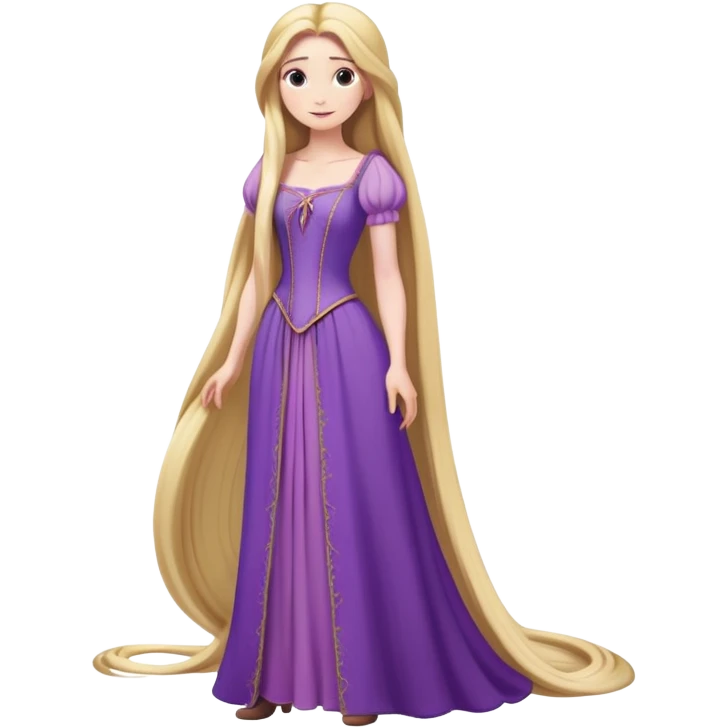full body Rapunzel with purple dress, extremely long blonde hair, minimal style emoji