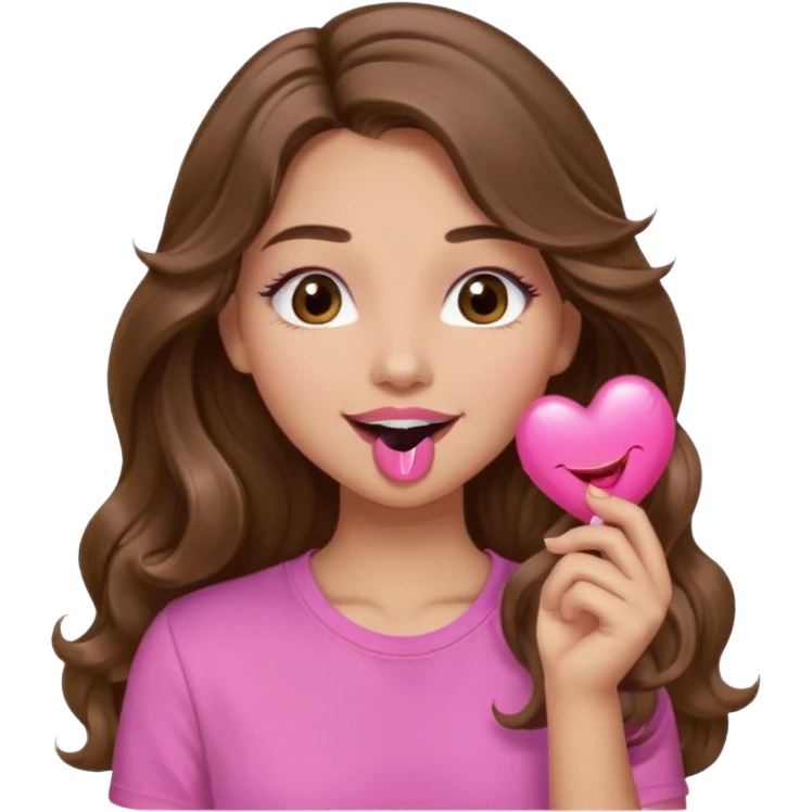 girl with long wavy brown hair, brown eyes, light to medium complexion, in a pink shirt, pink lips, long lashes, blowing a kiss emoji