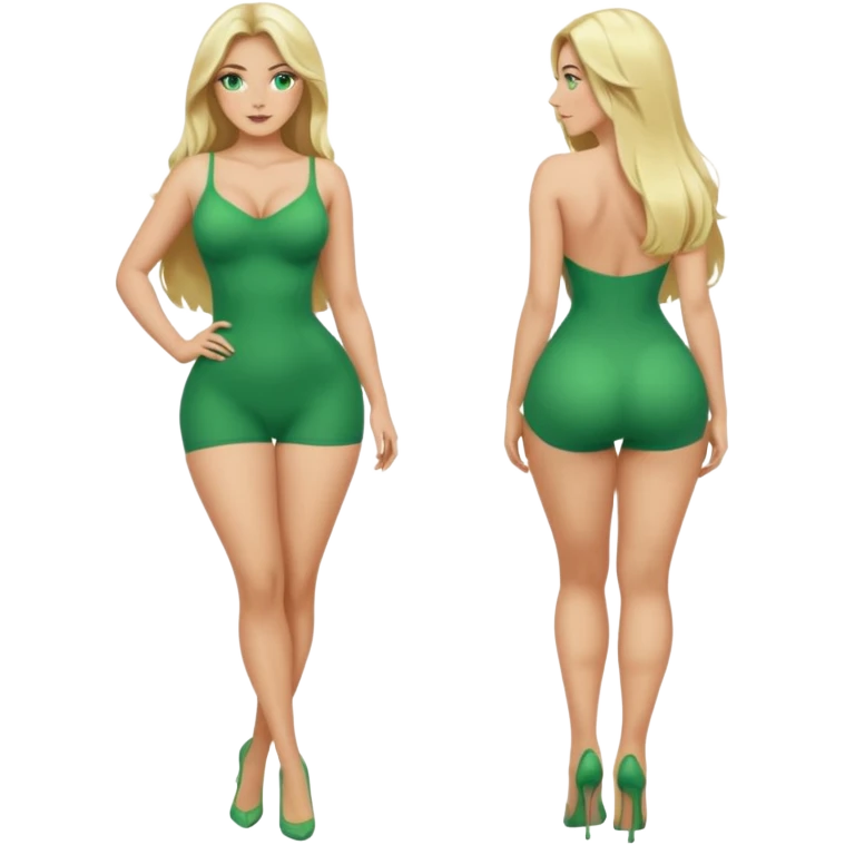 Blonde, green eyed woman with long  hair. She is curvy with a big butt and small breast. She is in sexy clothes nude and full body exposed. She has nice long legs. She is doing sexy pose emoji