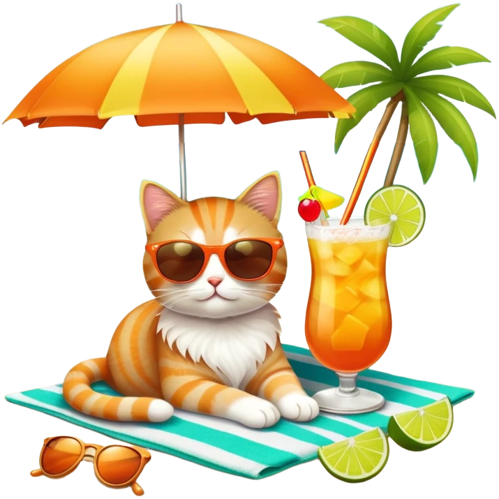 Cute cat on beach towel with a tropical mai tai drink and sunglasses emoji