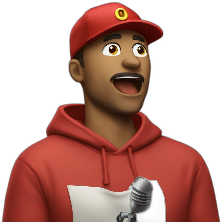 forty-something man with a red cap and a red sweatshirt raps into a microphone emoji