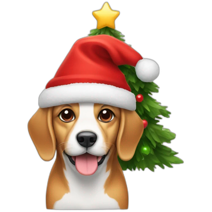 a dog in a red hat with a Christmas tree emoji