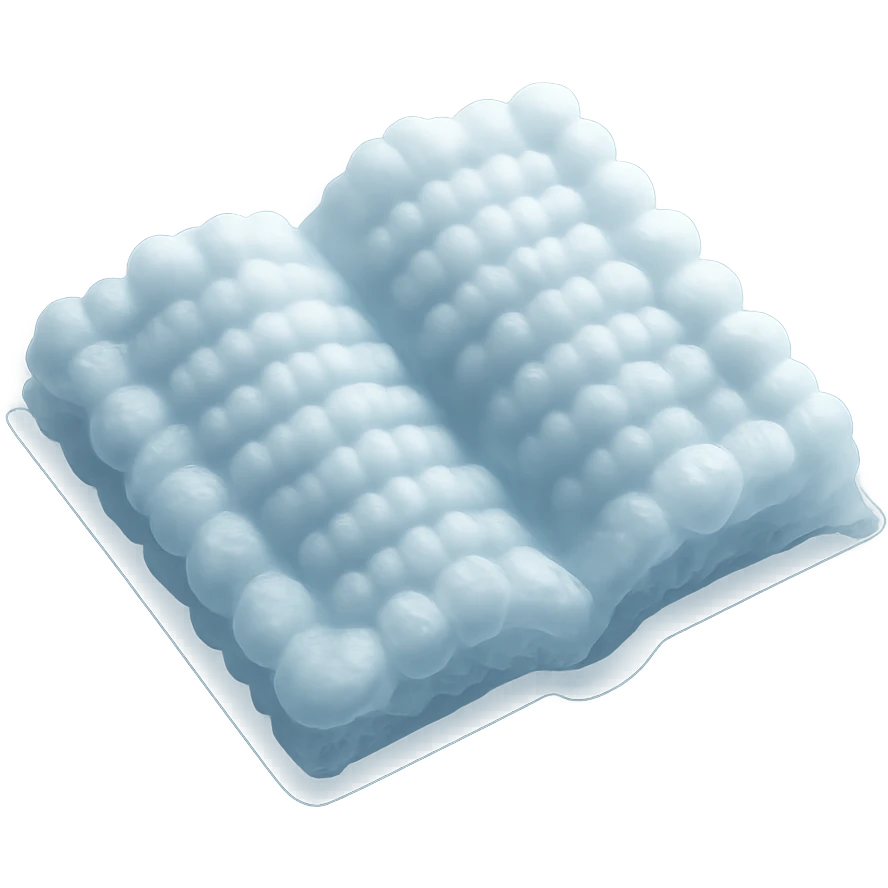 top view of a thick open book made entirely of small, very bright white fluffy convex clouds, matte glass style emoji