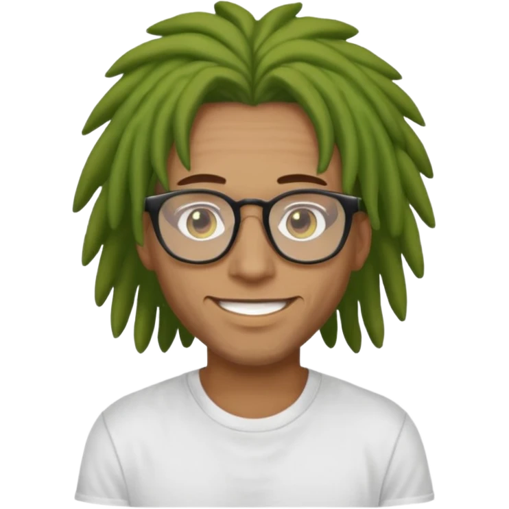 man with brown dreads white tee golden eyes light green skin glasses and white smile emoji