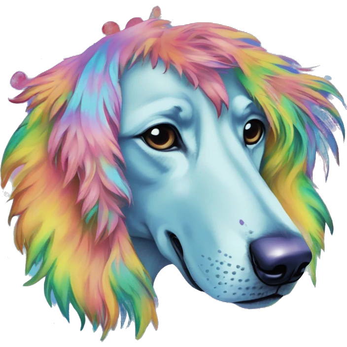 Multicolored rainbow retro groovy tie dye hippie trippy floral patterns on a metallic holographic iridescent blue dog face head unicorn emoji
